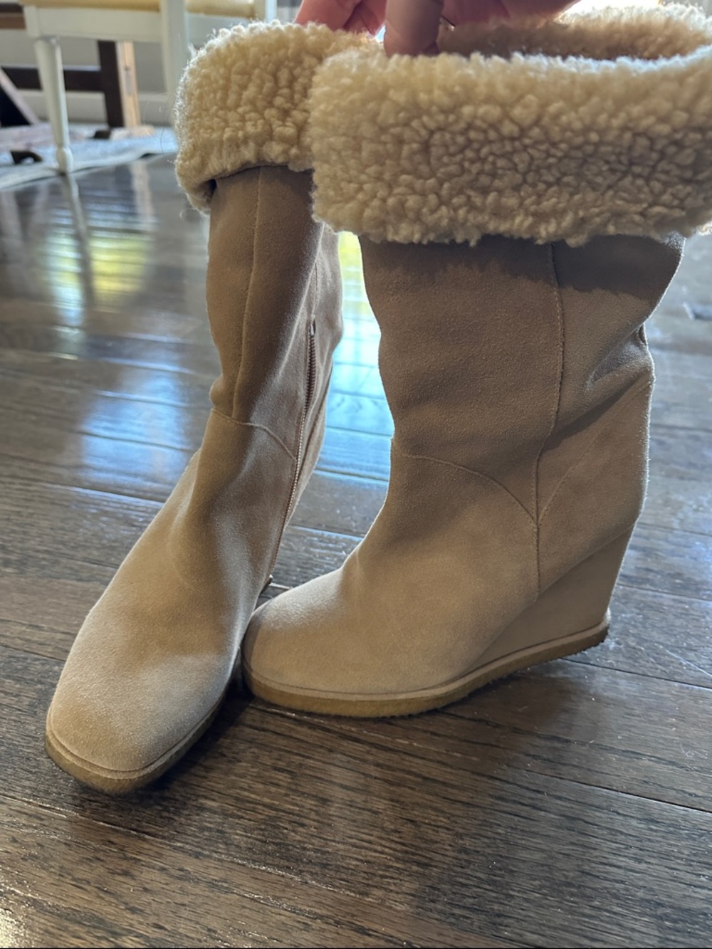 Jeffrey Campbell Tan Suede Sherpa Cuff Wedge Boots